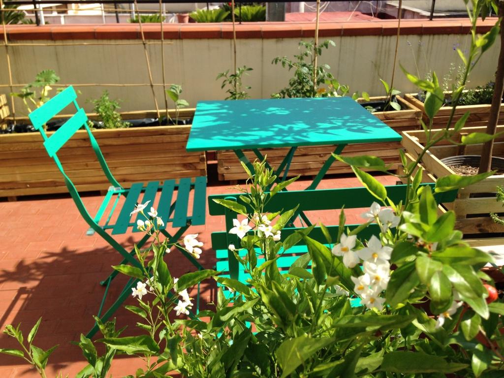 tavolino in un orto su terrazzo tra melograni e pomodori. Guido Picardi, architetto del paesaggio